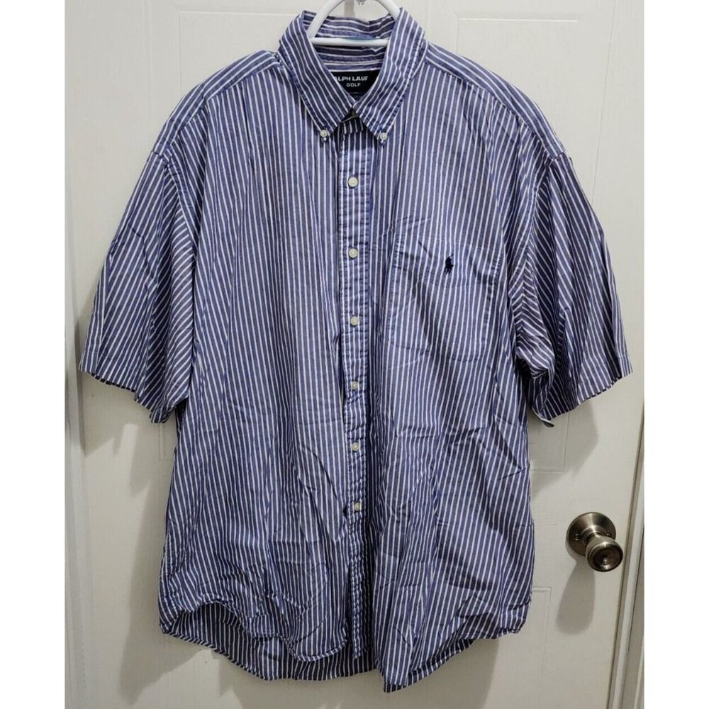 Ralph Lauren Golf Tilden Blue White Striped Short Sleeve Button Shirt Size XL‎